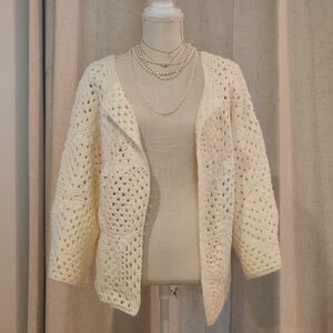 Handmade Cream Open-Front Granny Square Crochet Sweater Size S Boho Cottagecore